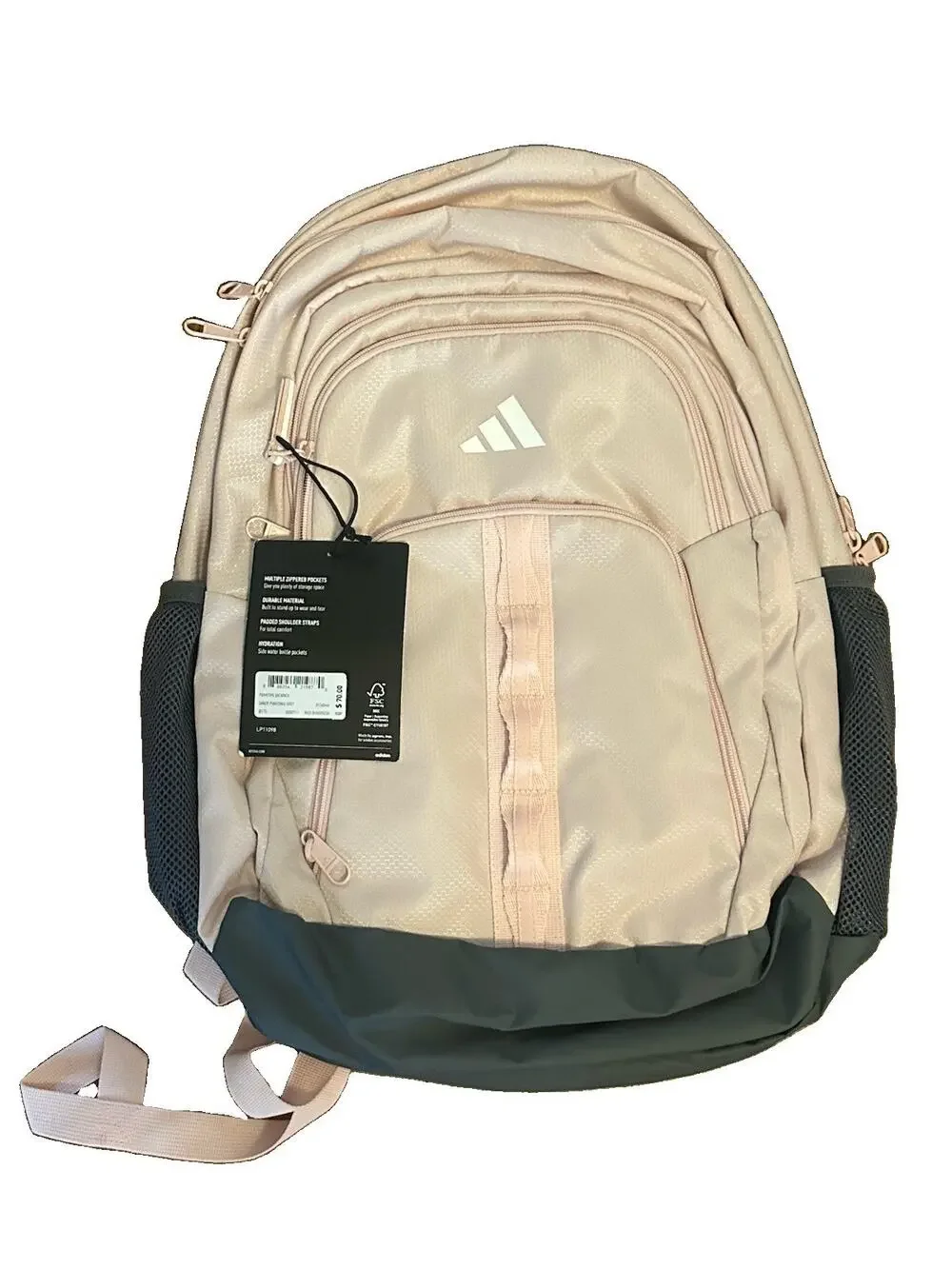 adidas Primetime Backpack Sandy Pink Onix Grey Multi Pocket School Bag NWT